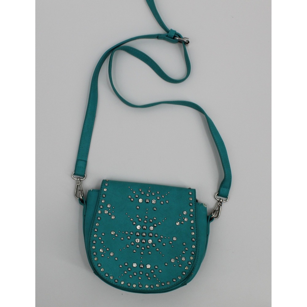 Teal Studded Rhinestone Crossbody Saddle Bag Faux Leather Charming Charlie FLAWS